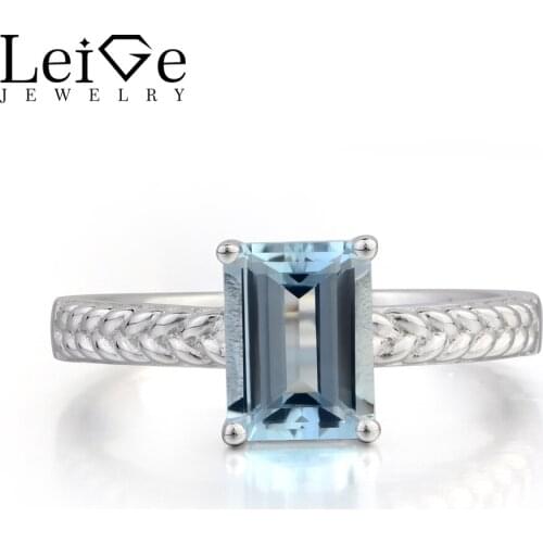 Leige Jewelry Wedding Ring Natural Aquamarine Ring Blue Gemstone March Birthstone 925 Sterling Silver Ring Solitaire Ring Gifts