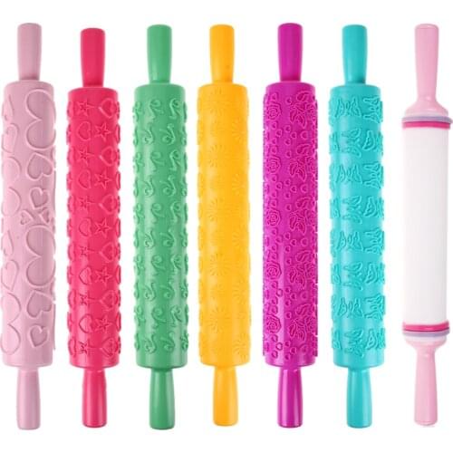 ABS Pastic Non-stick Kitchen Pattern Rolling Pin Fondant Embossed Roller Mold Cake Decorating Tools Baking Accessories