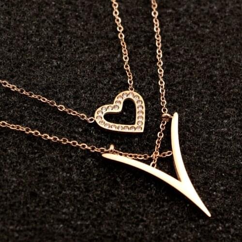 Fashion Stainless Steel Crystal Love Heart Double-deck Chain V Letter Pendant Necklace Rose Gold Color Female Party Gift