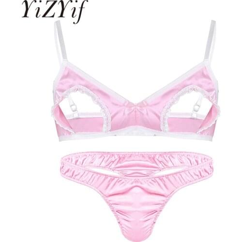 Mens Satin Lingerie Set Hollow Out Nipples Wire-free Bra Top with Low Rise Bikini Thong Bra Set Sexy Gay Men Underwear Nightwear