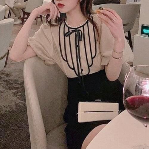 Korean Fahion Vintage Crop Tops Women Puffer Sleeve Sweet Pure Color Blouse Bandage Design Elegant Y2k Shirts Female Office Lady