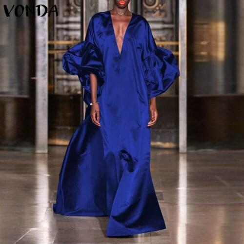 Summer Bohemian Dress Sexy V Neck Long Maxi Dress Beach Sundress 2021 VONDA Casual Vestidos Plus Size Robe Femme