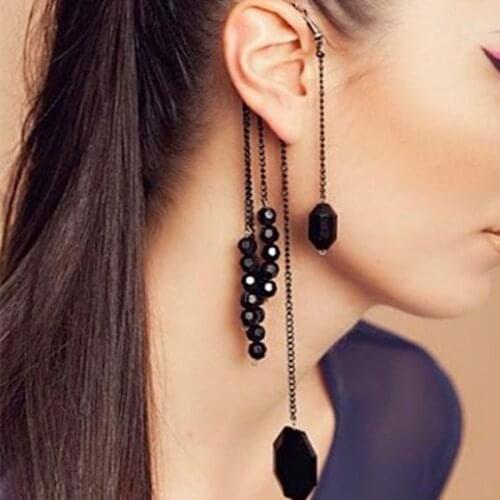 Fashion Vintage Rock Punk Exquisite Black Beads Long Tassels Hanging Ear Clip On Clip Earrings Women Jewelry Clamp Cuff Earring
