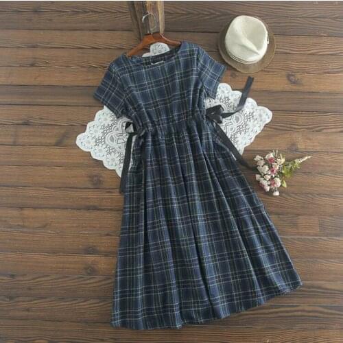 New 2020 Summer Women Retro Waist Drawstring Short Sleeve Cotton Linen Plaid Dress Casual Long Dresses vestidos Plus Size
