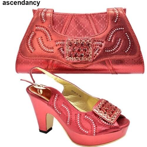 New Red Italian Shoes with Matching Bags for Women Ladies Italian Shoes and Bag Set Decorated with Rhinestone Luxury Shoes Women