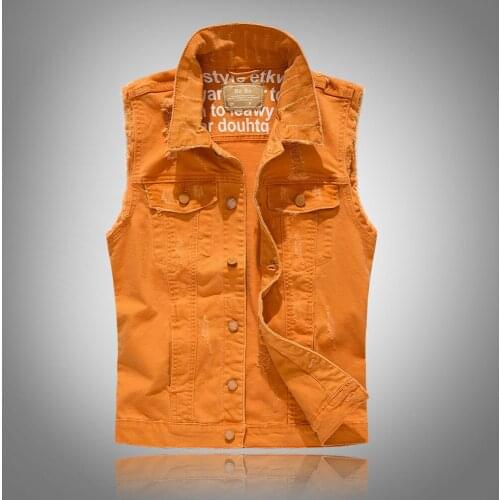 Orange Waistcoat Mens Vest Shawl Motorcycle Jacket Denim Vests Men Retro Sleeveless Slim Fit Male Jeans Tank Top Plus Size