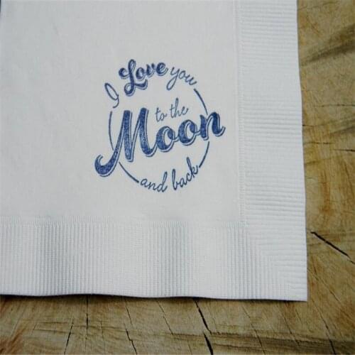 Personalized Cocktail Napkins I Love You to the Moon and Back White 3 Ply Paper Beverage Wedding Reception in Navy ink wedding