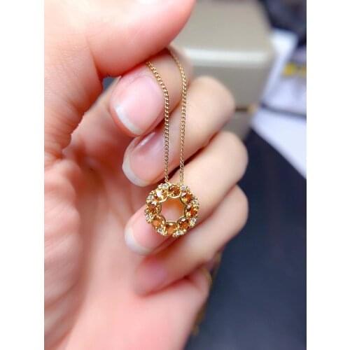 Elegant Small circle round natural yellow crystal Pendant natural citrine pendant necklace S925 silver girl women party jewelery