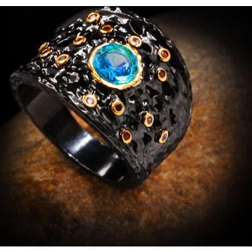 Personality Luxury Exaggerated Blue Zircon Irregular Shape Ladies Ring Banquet Jewelry Black Gold Style Birthday Gift
