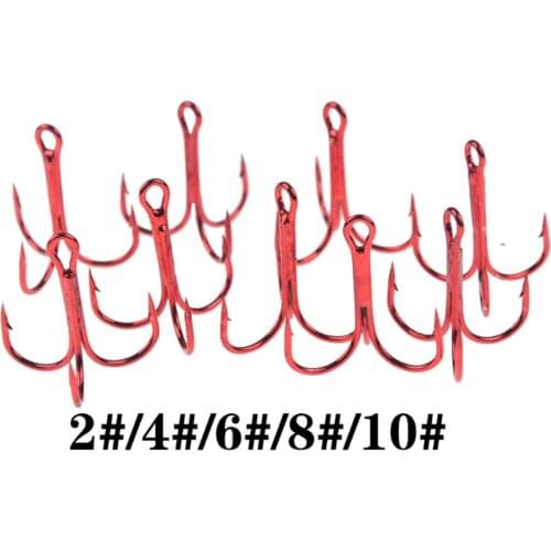 10pcs/lot 2# 4# 6# 8# 10# Fishing Hooks High Carbon Steel Material Treble Hook Fishing Tackle Round Bent Red Color Fishing Tools