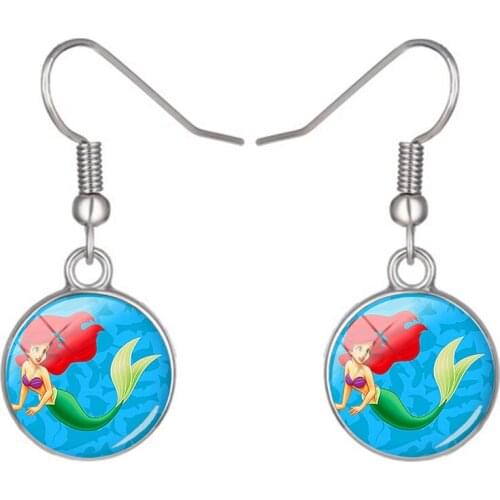 Disney Little Beauty Princess Ariel Stud Earrings Round Earrings Handmade Glass Cabochon Art Print Jewelry Gift