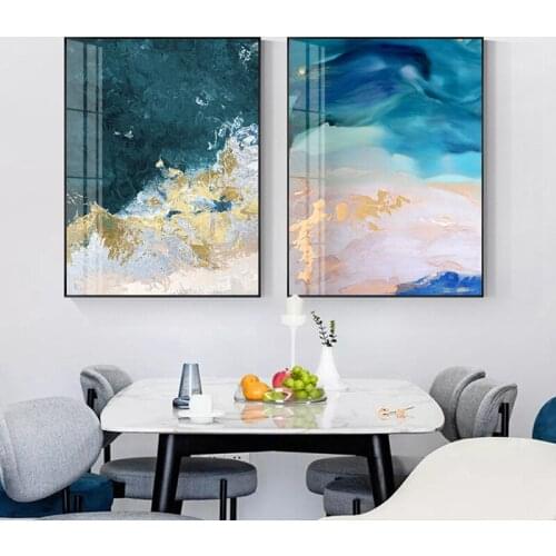 Nordic Abstract color spalsh blue golden canvas painting poster and print unique decor wall art pictures for living room bedroom