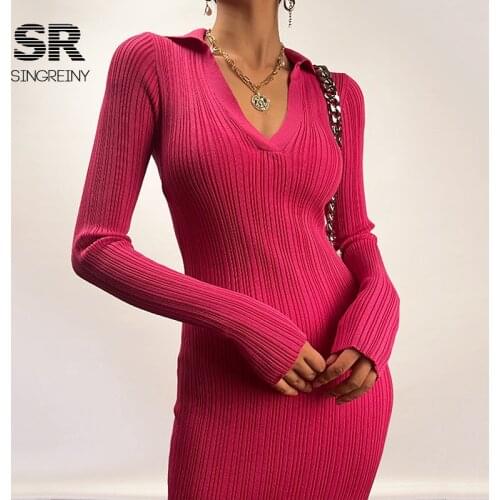 SINGREINY Women Sweater Dresses Long Sleeves Sexy Midi Dresses Fashion Elastic Knitted Party Dress 2021 New Autumn