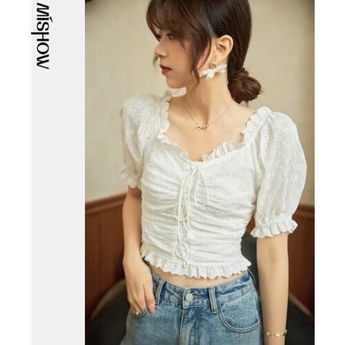 MISHOW French Lace Shirt Womens Summer 2021 puff sleeve Slim Fit V-neck Chiffon Hollow Tops Female fashion blouse MXA24X0024