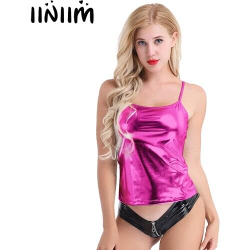 Womens Girls Fashion Camis for Pole Dance Holographic Shiny Metallic Wetlook Tank Top Slim Fit Vest Top Sexy Club Costume