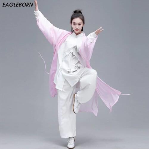 Women Hanfu Taiji Sets Clothing Tang Suit Kung Fu Exquisite Elegant Tai Chi Three-piece Garment Martial Arts Shawl Ink Painting