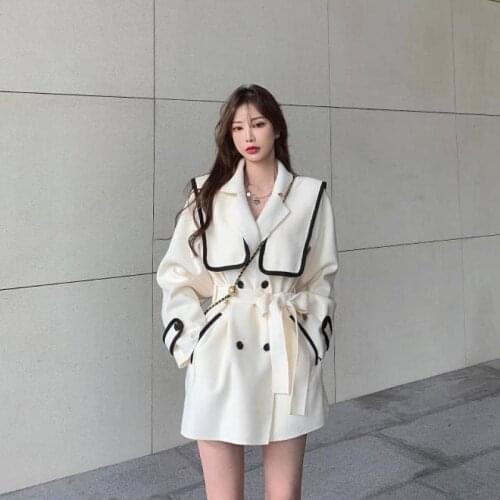 2021 Autumn and Winter New Womens Windbreaker Lapel Temperament Bow Tie Waist Double-breasted Fashion Long Windbreaker Jacket