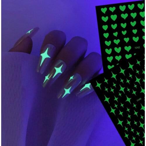 1Sheet 3D Luminous Nail Stickers Heart Flame Butterfly Star Moon Summer Design Glow in The Dark Sliders Manicure Decorations