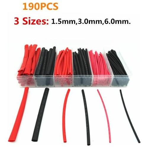 190 PCS) 3 Sizes 1.5MM 3MM 6MM Black & Red Assortment Ratio 2:1 Polyolefin Heat Shrink Tube Tubing Sleeving Wrap Wire Cable Kit