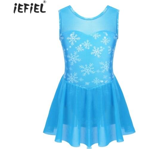 Girls Ballet Dance Dress Snowflake Printed Sleeveless Mesh Spliced Gymnastics Leotard Dress Dancewear Costume Kids Clothes