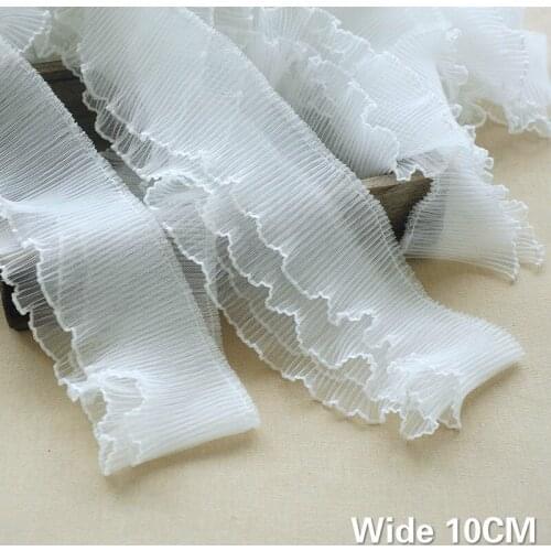 10CM Wide White Double Layers Tulle Lace Fabirc Pleated Folds Ruffle Lace Ribbon Clothing Dress Collar Trim DIY Sewing Supplies