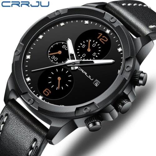 CRRJU Black Three Dial Mens Watch, High-end Business Style Watch, Mens Belt Watch Yellow Style