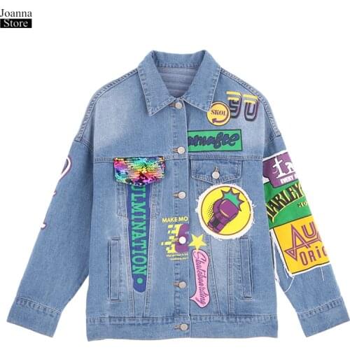 Sequin Denim Jacket Women Letter Jeans Jackets Plus Size Bomber Jean Jacket Autumn Spring Coats Harajuku Korean Loose Streetwear