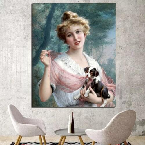Emile Vernon Girl Hugging Puppy Canvas Painting Prints Living Room Home Decoration Modern Wall Art Oil Painting Posters Pictures