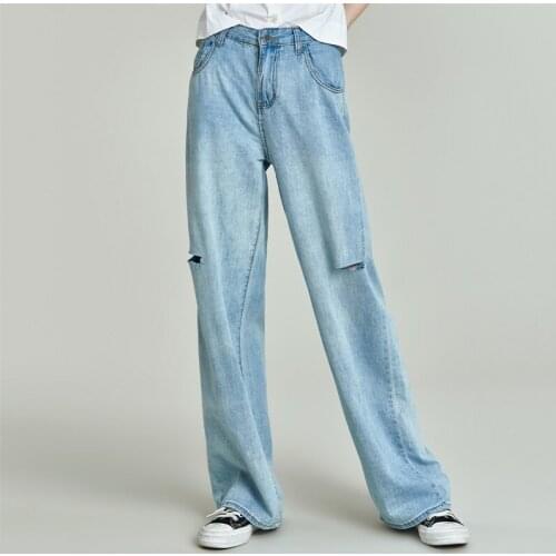 HAVVA 2020 Fall New DENIM Cotton Wide-leg Straight Ripped Jeans For women K5198