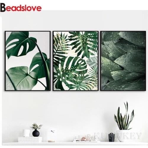 Triptych,diamond painting mosaic Canvas Painting Fresh Green Big Leaves Nordic style Tropical Plants Wall Pictures For room art