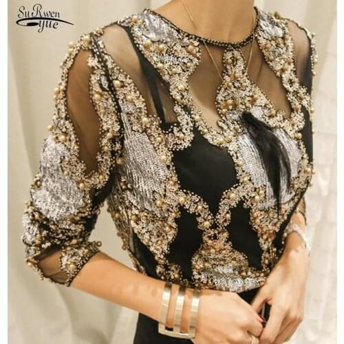 Lace Geometric Heavy Beads Shirts Luxury Women Crystal Sequins Embroidery Blouse 2021 Sexy Blusas Camisa Clubs Hollow Tops 15226