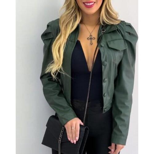 Solid PU Womens leather jacket Long Sleeve Turn- Down Collar Single Breasted Coat women 2021 Spring Fashion Casual Office Lady