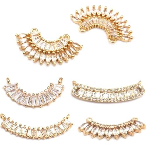 40694)4PCS 24K Champagne Gold Color Brass and Zircon 2 Holes Curve Charms Pendants Jewelry Making Supplies Findings Accessories