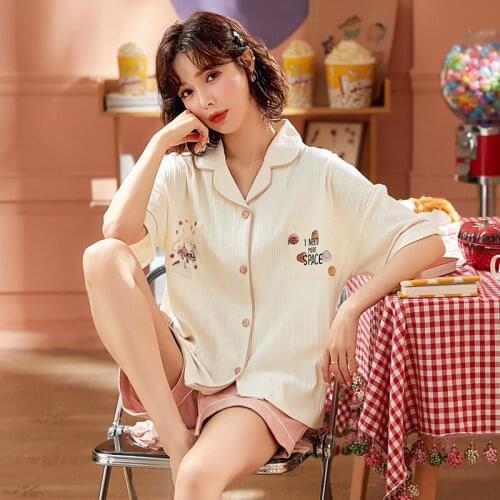 Summer cash short sleeve cotton thin womens pajamas Lapel cartoon cute Korean version can wear womens home suit