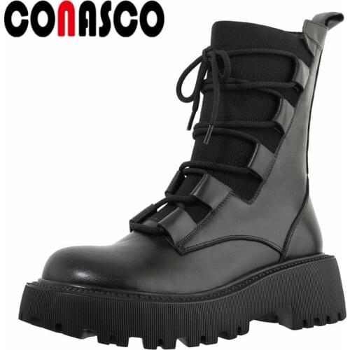 CONASCO Fashion Punk Women Ankle Boots Autumn Winter Warm Cow Leather Night Club Prom Office Working Boots High Flatforms Woman