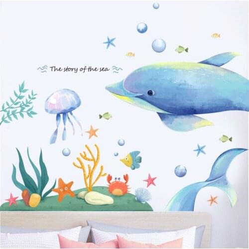 Cartoon Underwater World Wall Stickers DIY Dolphin Coral Jellyfish Wall Art Mural Decals for Kids Room Bathroom Decor Waterproof
