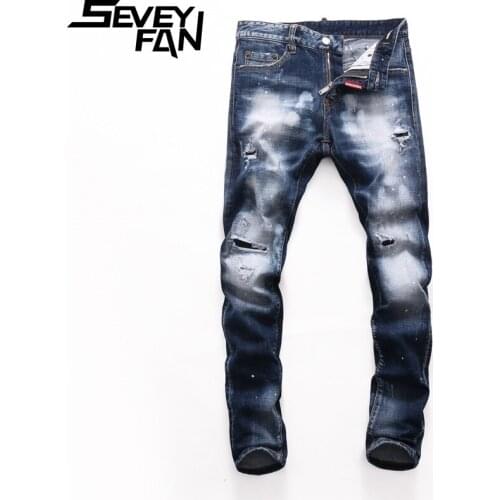 SEVEYFAN Mens Distressed Ripped Hole Jeans Blue Painted Washed Slim Pencil Denim Pants Streetwear