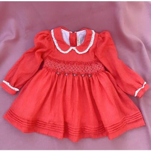 Autumn infant baby girls smocked dresses flower hand made embroidered cotton long sleeve princess dress