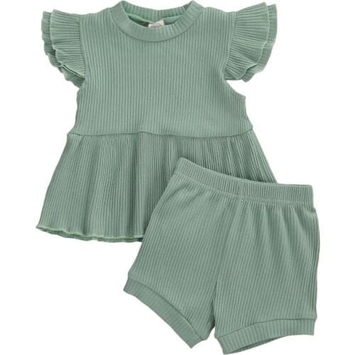 0-5Y Summer Kids Baby Girl Outfits Solid Cotton Knitted 2Pcs Sets Ruffle Fly Sleeve Tops Lace-up Shorts Toddler Baby Sets