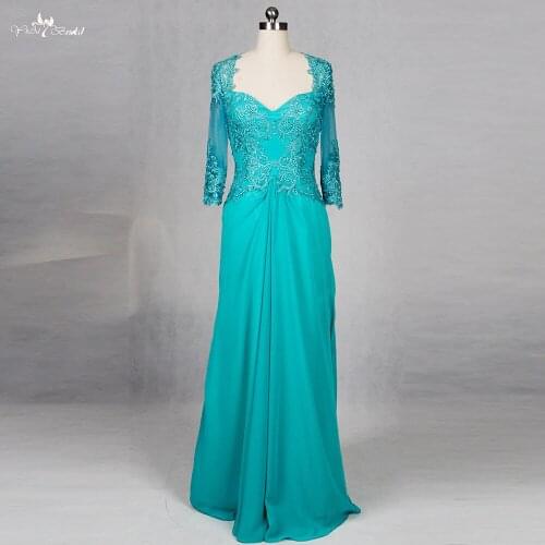 RSE771 Queen Anne Neckline Lace 3/4 Sleeve Turquoise Chiffon Nother Of The Bride Dress With Sleeves