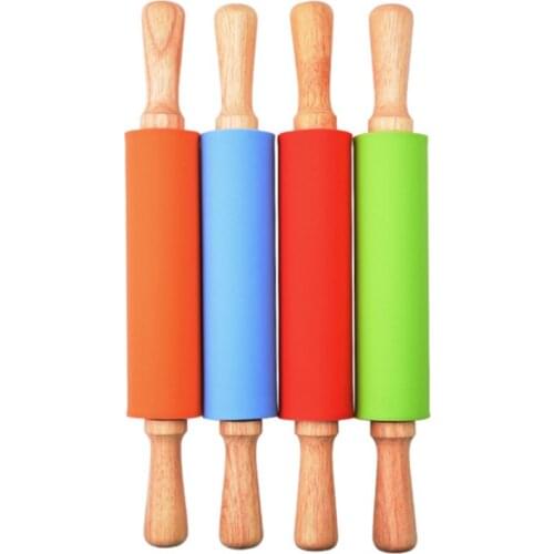 L30 38cm Silicone Nonstick Rolling Pin Wooden Handle Long Dough Roller