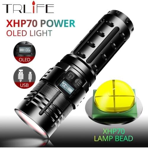 Super Bright Mini XHP70 Flashlight LED USB Waterproof Torch With SS-T40 Lamp Beads 3 Gear Built-in 16340 Battery OLED Screen