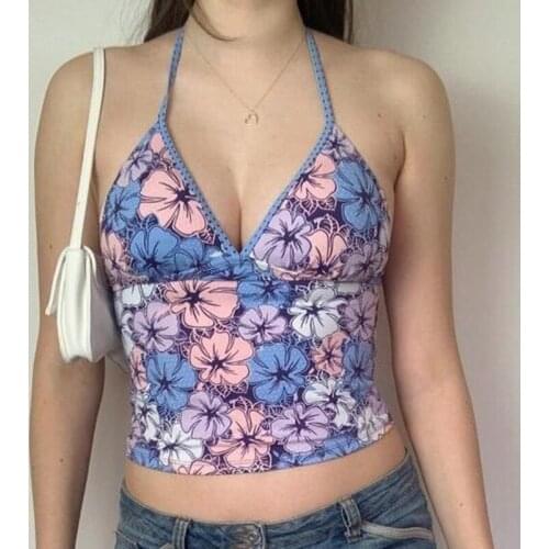 Sexy Floral Print Halter Camisole Tops 2021 Fashion Women Sleeveless Backless Slim Fit Tank Top Holiday Summer Casual Crop Top