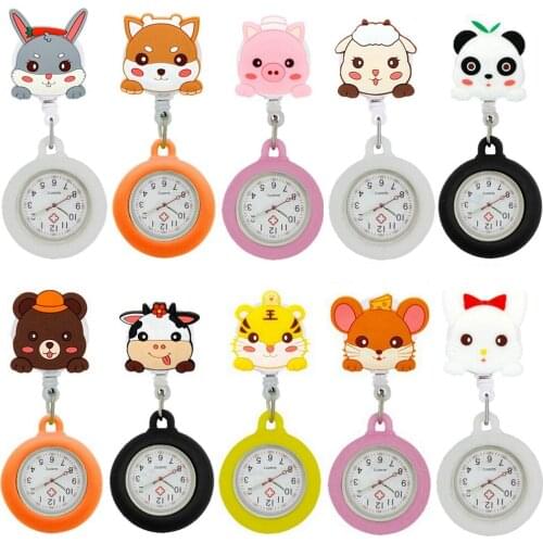 Retractable Badge Reel Nurse Doctor Pocket Watches Lovely Cartoon Animals medical hospital Gift Clips Watch for women mens