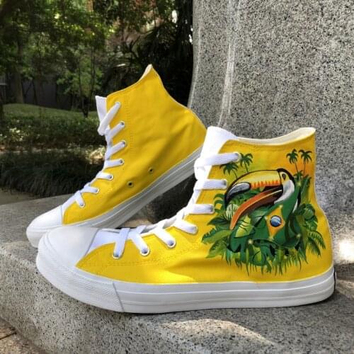 Wen Design Brazil Flag Bird Green-Winged Macaw Hand Painted Shoes High Top Men Canvas Shoes Women Sneakers Custom Plimsolls