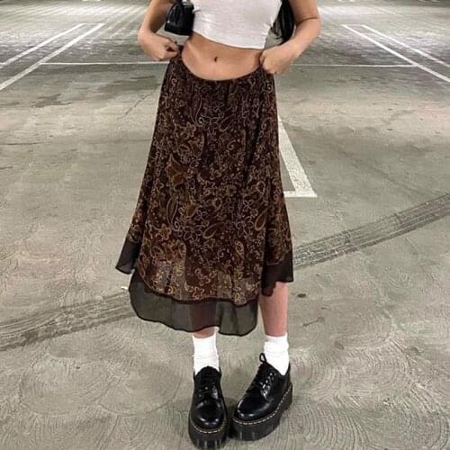 Y2k Vintage Floral Mesh Midi Skirts High Waist Patchwork Ruffle Straight Skirts 90s Women Korean Style Harajuku Streetwear