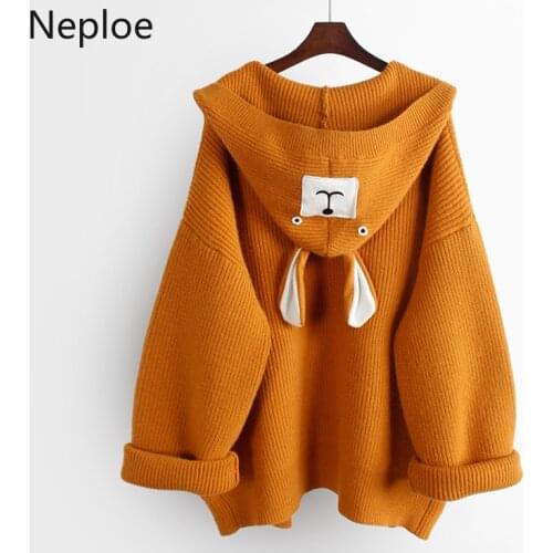 Neploe Women Hooded Cardigan Sweater Cartoon Embroidery Knit Sweaters Fashion Oversized Jacket Coat 2021 Winter Knit Cardigans