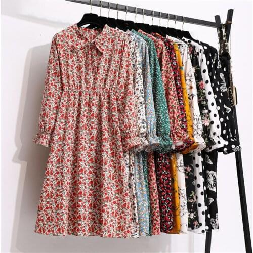 2021Fashion Womens Chiffon Dress Female Vintage Floral Printed Long Sleeve Bow Midi Dresses Spring Autumn Flare Sleeve Vestidos