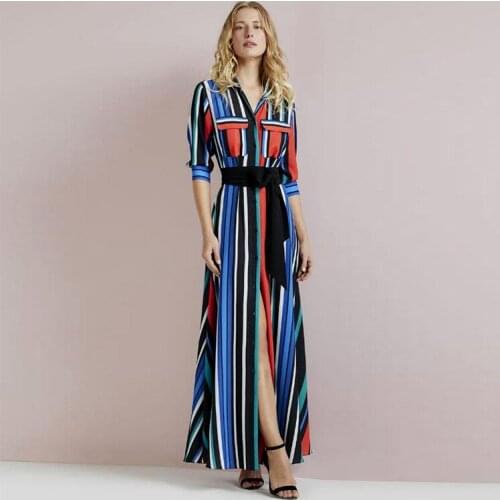 S-3XL high quality 2019 new fashion color stripe stitching print loose version belt bow slit sexy temperament woman dress