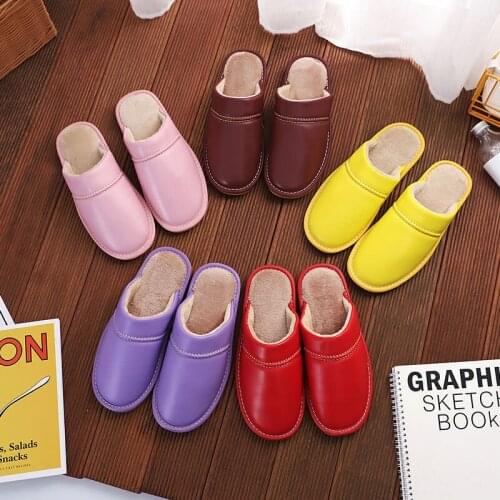 Winter Casual Leather Waterproof Slippers Women Men Basic Flat Non-slip Indoor House Comfort Slides Solid Color Plush Shoes 2021